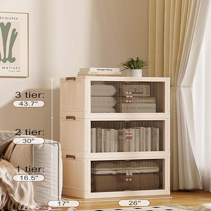 SAILUN 83Gal/335Qt Stackable Storage Bins Folding Collapsible Storage Bins with Lid, Closet Organizers and Box with Door Beige 26" W x 17" D x 43.7" H