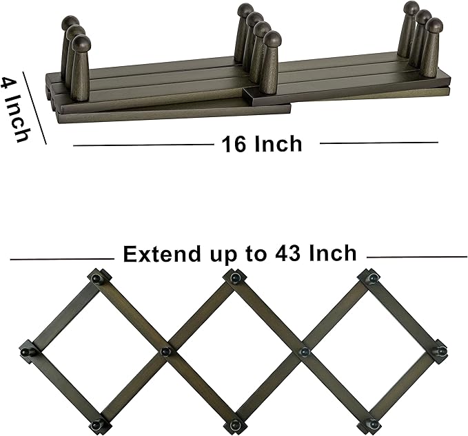 Dseap Accordion Wall Hanger: 16" High Wooden Expandable Coat Rack,Hat Rack,Accordion Hook Wall Mount for Baseball Caps,Coats,10 Peg Hooks,Dark Walnut