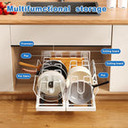 Mustorn 2 Pack Pots and Pans Organizer Under Cabinet, 21.6" Deep Pull Out Pot Lid Organizer Holder with Guardrail Adhesive Pot and Pan Holder Rack with 10 Adjustable Dividers(White)