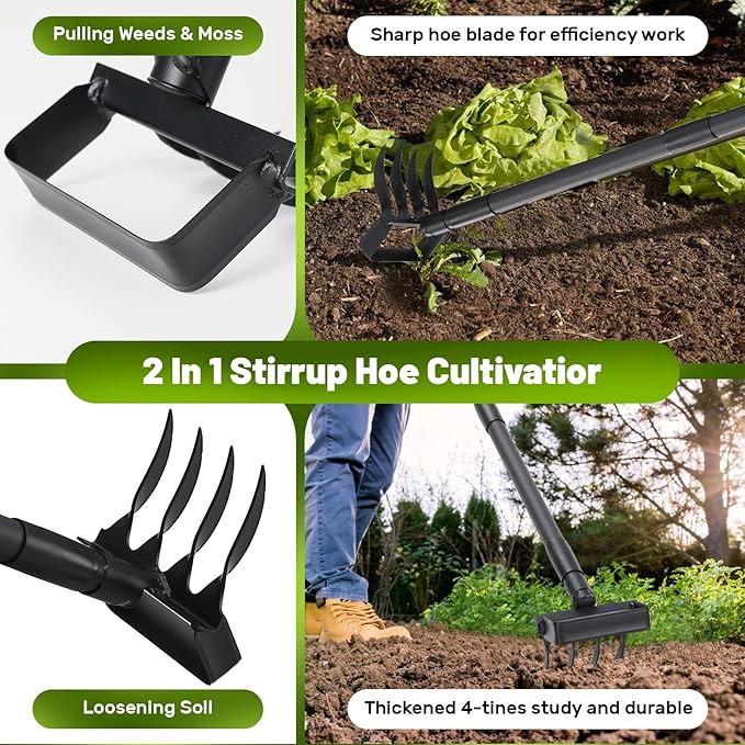 2 in 1 Weeding Tools Gardening Weed Puller with Long Handle,Stirrup Hula Garden Hoe with 4 Tines Rake,Garden Tiller Cultivator with 62.6" Adjustable Handle for Weeding,Seeding,Ditching,Loosening