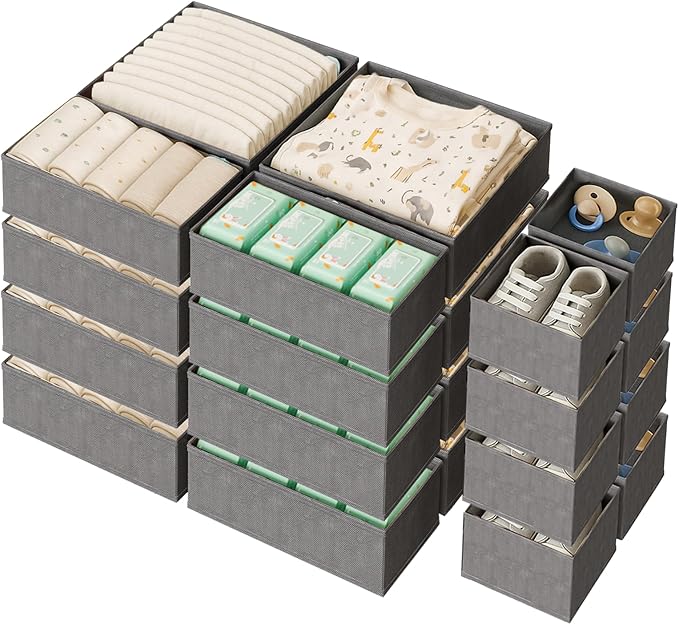 Sturdy Drawer Organizers (24-Pack) - Fabric Dresser Drawer Organizers & Dividers for Nursery Organization, Baby Organizers and Storage for Clothes, Socks & Underwear, Grey