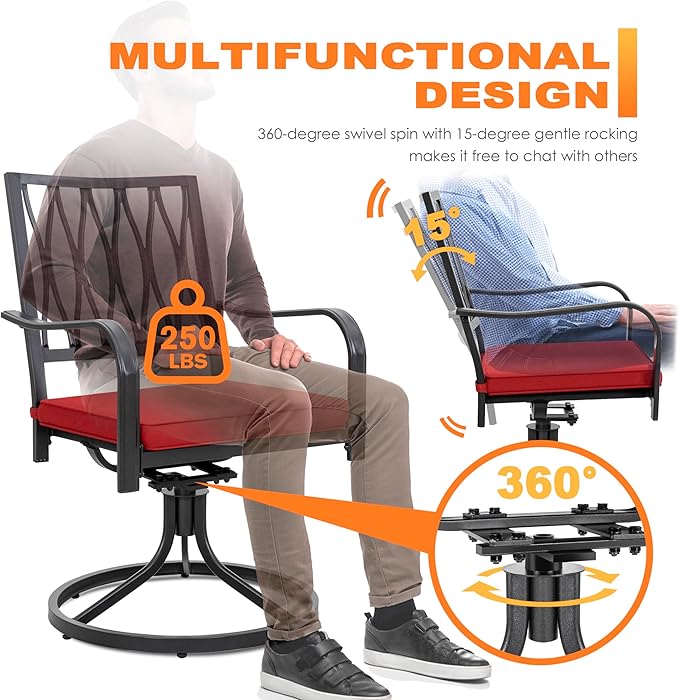 NUU GARDEN 3 Piece Outdoor Bistro Set, Iron Swivel Chairs with Red Cushions and 20" Round Bistro Table, Powder-Coated Iron Frame for Patio, Deck, Garden, Backyard, Black