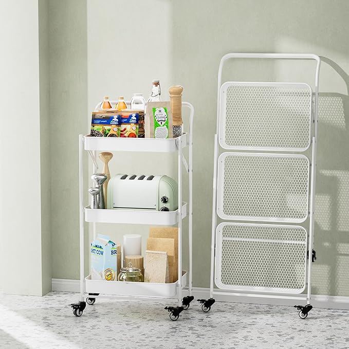 JAQ Foldable Rolling Cart, 3-Tier Metal Small Folding Storage Utility Carts Basket Rack Organizer with Handle on Wheels for Snacks Books Fruits for Kitchen Laundry Room Bathroom - (White, 3-Layer)