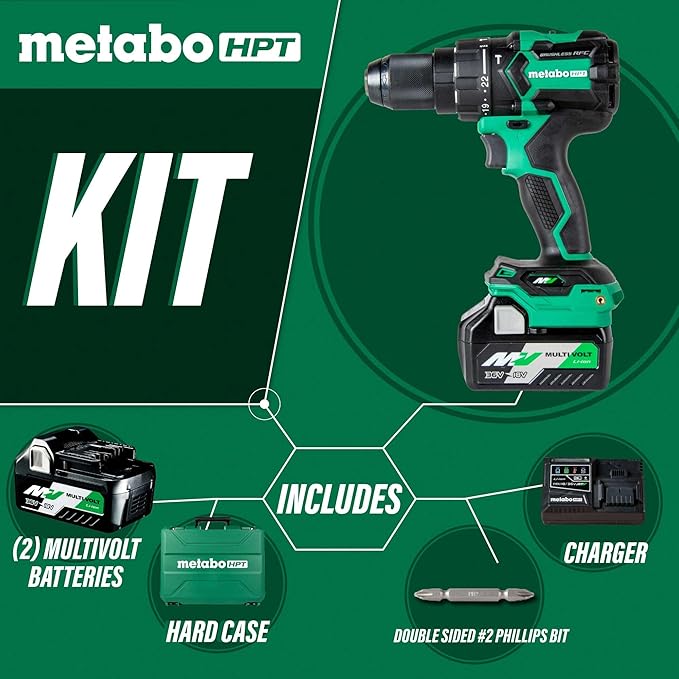 Metabo HPT 36V MultiVolt™ Cordless Brushless 1/2" Hammer Drill Kit, Power Drill Kit with Lithium-Ion Metabo Batteries , Case and Charger, Compact Lightweight Power Tool, DV36DC