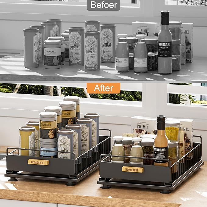 Under Sink Organizer, 2 Packs Under Sink Organizers and Storage, Slide Out Pull Out Cabinet Organizer Shelf with Metal Drawers for Kitchen Bathroom Pantry, Black