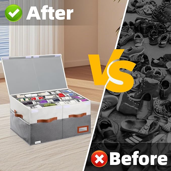 Supowin Shoe Organizer for Closet, Foldable Shoe Storage Bins with Lid & Adjustable Dividers, Fabric Shoe Box Storage Containers with Four Reinforced Handles, Fits 20 Pairs, 1 Pack, Grey