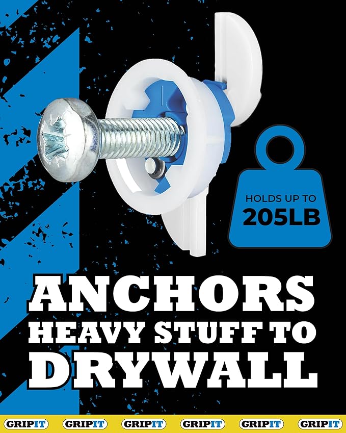 Gripit Blue Drywall Anchors | Pack of 4 (Up to 205Ibs/93kg) | Heavy Duty Drywall Anchors | Wall Anchors & Screws for Drywall | Anchors Screws Kit | Plaster Wall Anchors | 1" Inch Drill Bit | Reusable