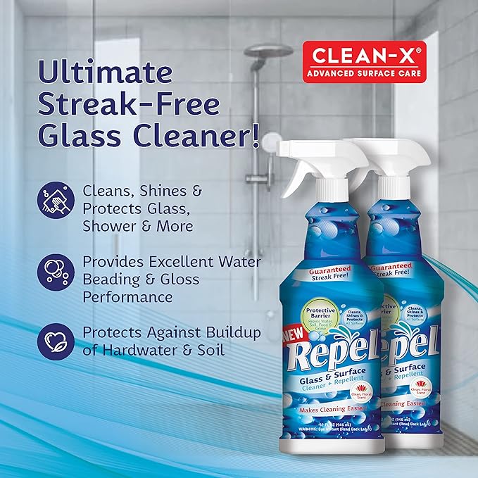 Clean-X REPEL Glass & Surface Cleaner 32 fl. oz. - Cleans & Repels water spots and dirt on glass, mirror, tile and multi surface by UNELKO (2)