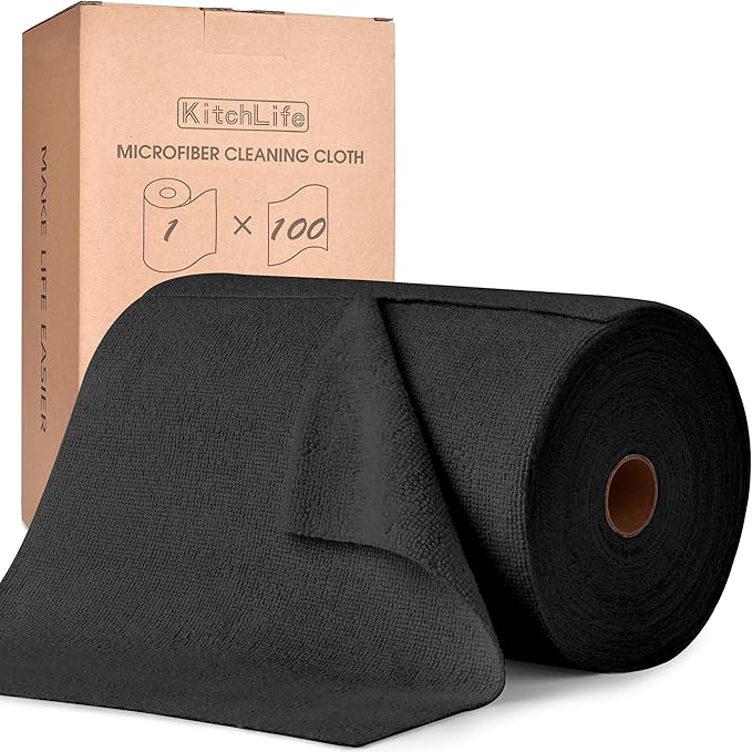 KitchLife Microfiber Cleaning Cloth Roll, 100 Pack - Tear-Away Microfiber Paper Towels, Lint-Free, Reusable, Washable for Kitchen, Car, Dishes, and Sensitive Surfaces (Black)