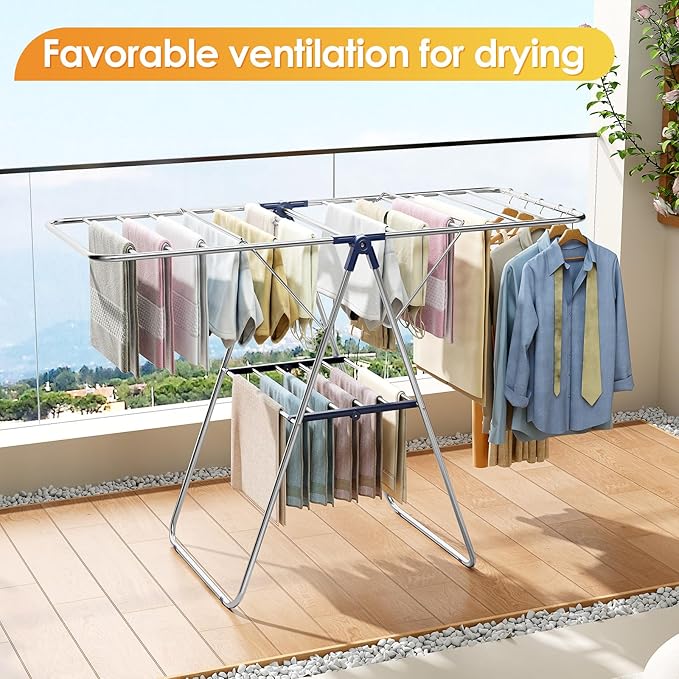 KINGBOARD Clothes Drying Rack, Laundry Drying Rack with Height-Adjustable, Foldable Gullwing for Easy Storage, No Assembly, Indoor Outdoor Use, 56.4" D x 21.6" W x 39.3" H, Blue