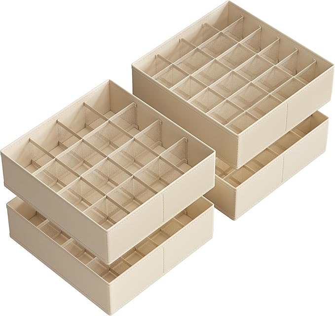 SONGMICS 4 Pack Drawer Organizers, 80 Cells (2x16+2x24), Foldable Dividers, 11.8 x 11.8 x 3.9 Inches, for Socks, Underwear, Ties, Belts, Summer Sand URUS011K01