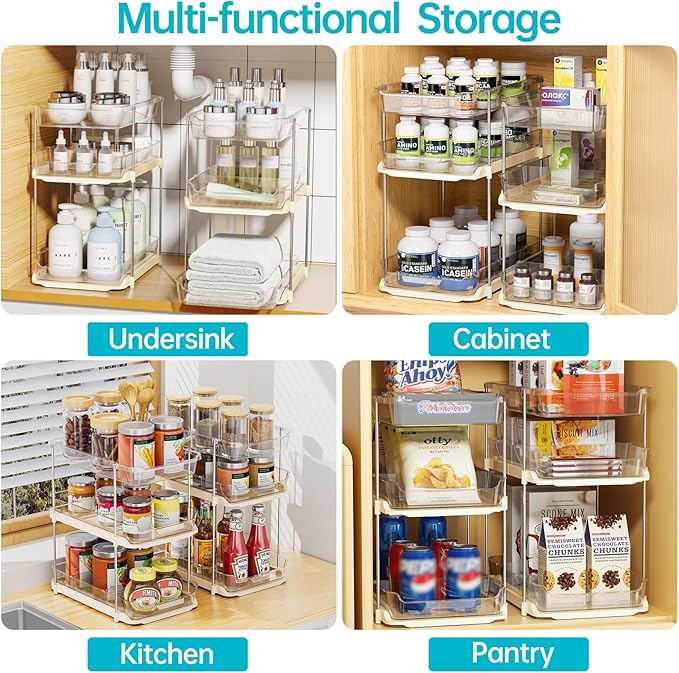 Delamu 2 Pack 3-Tier Bathroom Under Sink Organizers and Storage, Multi-Purpose Stackable Pantry Organization and Storage, Pull Out Clear Kitchen Bathroom Cabinet Organizer with Movable Dividers, Beige