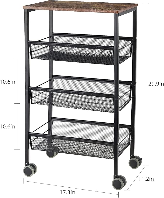 Kitchen Storage Rolling Cart, 4-Tier Kitchen Island Cart on Wheels with Wooden Shelves, Lockable Utility Cart with Mesh Baskets for Narrow Space on Dining Room Bathroom，Black