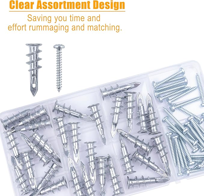 KURUI #8 Zinc Self-Drilling Drywall Anchors, 60PCs Hollow Metal Wall Anchors and Screws Kit, 30 Heavy Duty Anchors + 30#8 x 1-1/4'' Screws, 75LB Hanging and Mounting