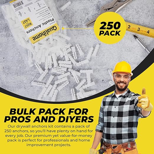 Qualihome Ribbed Plastic Drywall Anchors - Wall Anchors for Drywall - Plastic Screw Anchors for Secure Fastening (Bulk Pack, #14-16 x 1-1/4”)