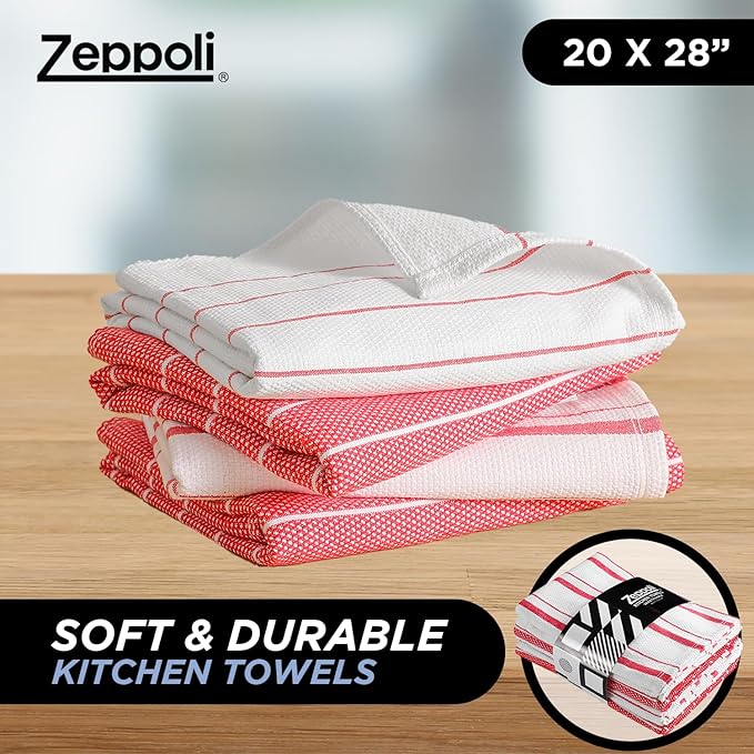 Zeppoli Classic Kitchen Towels - 6 Pack 100% Natural Cotton Towel Set, Reusable Wash Cloths, Absorbent Dish Towels, Machine Washable Hand Towels, Kitchen Essentials, 20� x 28� - Red VAR