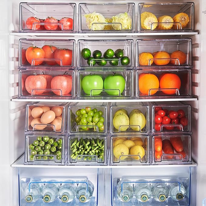 2 Pack Stackable Pull-Out Storage Drawers，Plastic Clear Organizer Bins with Handles，Easily Clean for Craft, and Toy Organization，Kitchen Undersink，Cabinet，Fridge，Closet，Pantry，Office，Bathroom