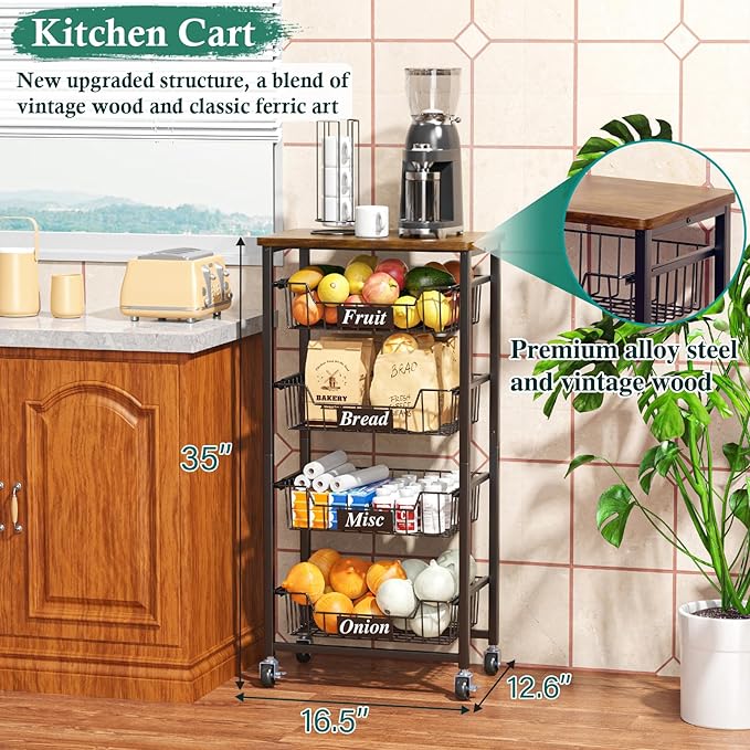 Fruit Basket, 5-Tier Utility Kitchen Organizer and Storage Cart with Pull-Out Baskets and Wood Top, Rolling Pantry Kitchen Cart on Wheels for Fruit Potato Onion Vegetable Snack Produce