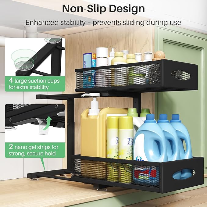 Under Sink Organizer, 2 Pack 2 Tier Pull out Cabinet Organizer Baskets with Mesh Sliding Drawers, Slide out Sink Storage Shelves for Home, Kitchen, Bathroom, Pantry, Office Organizers and Storag,Black