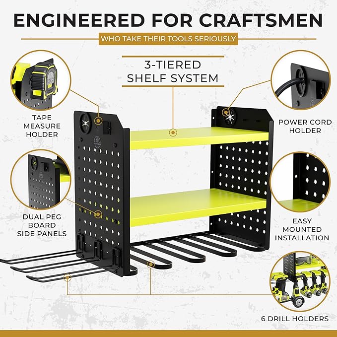 Power Tool Organizer - 6 Drill Holder Wall Mount, 3-Tier Heavy-Duty Hand Tool Storage Rack With 2 Pegboard Sides - Green