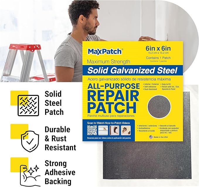 MaxPatch® 4 in. x 4 in. Self-Adhesive Surface Repair Patch, All-Purpose Galvanized Metal for Interior and Exterior Repairs, Ideal for Drywall, Plaster, Wood, Brick, Stucco, and More (3-Pack)