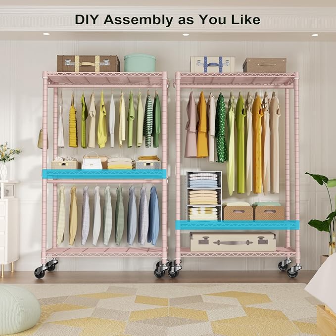 P3 Rolling Clothes Rack, Clothing Racks for Hanging Clothes, Heavy Duty Garment Rack with Wheels, Freestanding Portable Closet Organizer 39.4''W x 14''D x 78.5''H, Max Load 464 LBS, Pink