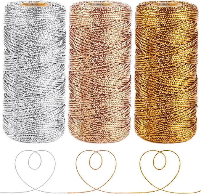 Anvin Metallic Bakers Twine - 328 Yards, Pack of 3 (Gold, Silver, Rose Gold) for Arts & Crafts, DIY Tags & Ornaments