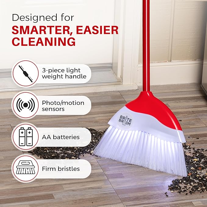 Indoor Broom with LED Lights | Angle Broom for Dark Corners & Low Light Areas | Soft Bristle, Adjustable Long Handle | Floor Sweeper for Kitchen, Room, Office & Garage (Red)