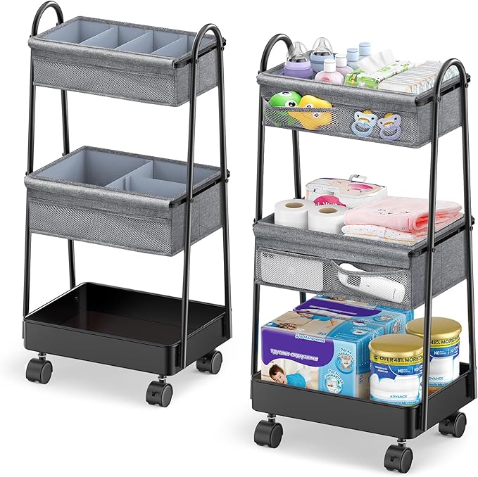 3 Tier Rolling Cart - Baby Diaper Caddy Organizer, 3 Tier Utility Cart Newborn Baby Nursery Essentials, Large Capacity, Easy to Assemble, Storage for Bedroom, Changing Table & Crib
