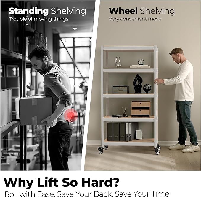 HOMEDANT House White 5-Tier Metal Rolling Cart Shelf Rack Casters Heavy Duty Wheel Shelving Unit Adjustable Utility Storage Shelves Organizer Shelf Kitchen Garage 24.4" W x 16.5" D x 62.2" H 3Pack