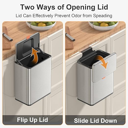 Mbillion Kitchen Compost Bin Hanging Trash Can with Lid 2.1 Gallon Stainless Steel Garbage Can for Kitchen Cabinet Door Mounted Trash Can Under Sink Door RV Bathroom,Silver