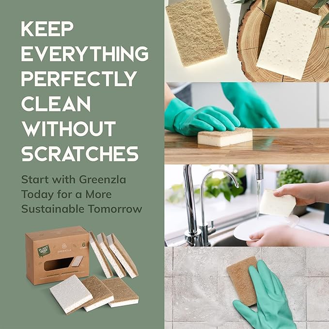 Greenzla Kitchen Sponges, Odor Free Plant-Based Dish Sponges, Non-Scratch Sisal Hemp Scouring Pads for Dishes, Countertops, Bathtubs, and Tiles, 6 Pack