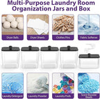 COAZEX 4+1 Pack Clear Laundry Pods Container & Dryer Sheet Holder, Plastic Square Laundry Room Organization and Storage Jars with Black Lids, Scoops & Labels for Detergent, Powder, Dryer Balls