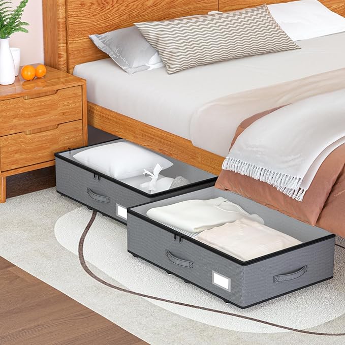 Under Bed Storage with Wheels, No Assemble Required 7.5 inches height Under Bed Storage bins,Large capacity Rolling Underbed Shoe Storage containers，dorm underbed storage drawers