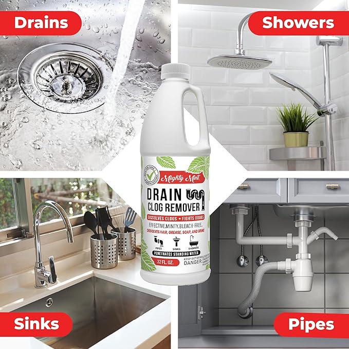 Mighty Mint Drain Clog Remover, Safe for Pipes and Septic, Dissolves Hair & Grease, Clears Blocked Drains and Deodorizes, Natural Mint Scent, 32oz (Pack of 2)