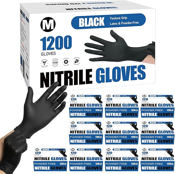 Fixwal 1200pcs Black Nitrile Disposable Gloves, 4 Mil, Latex Free & Powder Free, Food Grade for Cooking BBQ Food Prep, Cleaning, Automotive, Salon - Bulk Size