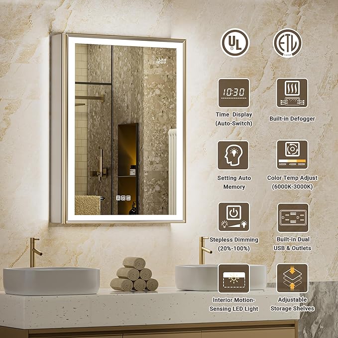 Lighted Medicine Cabinet with Mirror, 20x26 Beveled Brushed Nickel Framed Surface or Recessed Fogless Dimmable LED Medicine Cabinet with Outlet, Time Display & Sensor Inner Light(Right Hinge)