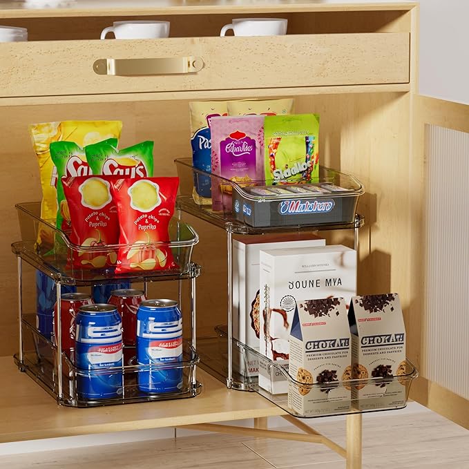 Delamu 2 Sets of 2-Tier Clear Under Sink Organizers and Storage, Multi-Purpose Stackable Bathroom Cabinet organizers, Grey