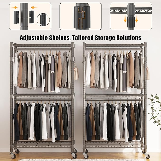 BATHWA Clothes Rack Rolling Narrow 2 tier Garment Rack for Hanging Clothes， Space Saving Portable Clothing Rack with Wheels and Double Rods 8 Hangers, Adjustable, Gray