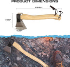 Prandi Axes German C45 Forged Carbon Steel Hatchet - Hickory Handle with Leather String - Ideal for Firewood, Splitting, and Chopping - 23.62" L x 7.36" W, 1000g Head 3.011.10.TH - No Sheath