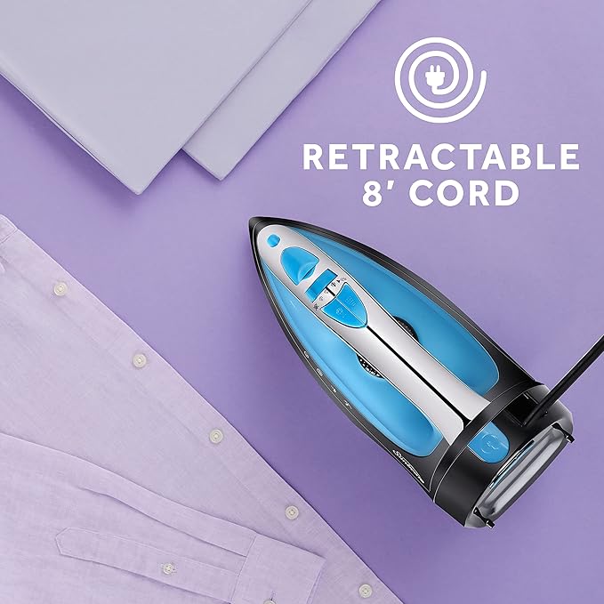 Sunbeam Steammaster Steam Iron, 1400 Watt, Large Anti-Drip Stainless Steel Nonstick Soleplate with 8' Retractable Cord, Horizontal or Vertical Shot of Steam and 3-Way Auto Shut-Off, Black/Blue