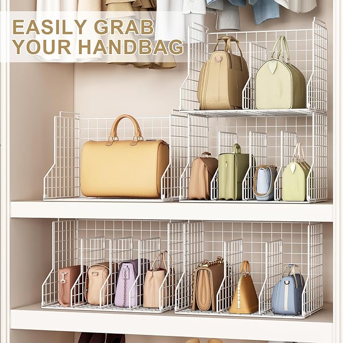 Purse Storage Organizer for Closet : Adjustable 2-Pack Dividers Handbag Organizer - Stackable Wire Handbags Storage Baskets -Open Cabinets Wallets Tote Chain Bags Clutches -White