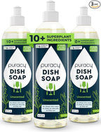 Puracy Natural Dish Soap Packs- Unscented Skin-Softening Plant-Based Dishwashing Soap, Non-Toxic Dish Soap, Fragance Free Organic Liquid Dishwashing Detergent Soap (Unscented, 16 fl oz, 3 Pack)