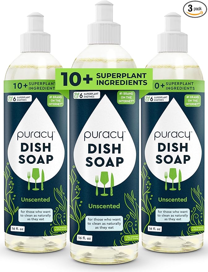 Puracy Natural Dish Soap Packs- Unscented Skin-Softening Plant-Based Dishwashing Soap, Non-Toxic Dish Soap, Fragance Free Organic Liquid Dishwashing Detergent Soap (Unscented, 16 fl oz, 3 Pack)