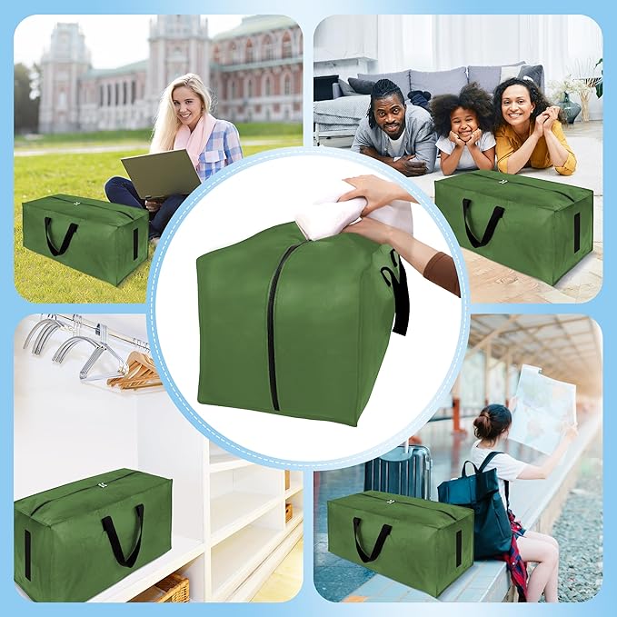 HOMESURE 4 Pack Large Strong Moving Bags with Zippers & Carrying Handles - Water-Resistant - Heavy Duty Storage Tote for Space Saving, Fold Flat, Alternative to Moving Box (Olive Green)