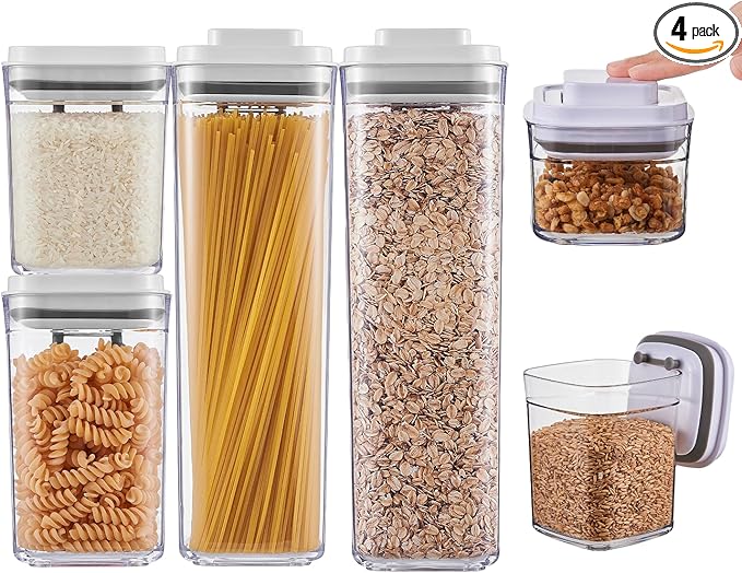 Pop Top Food Storage Container Set | 4Pcs Airtight Cereal Storage Organizer Canisters with Pop Lids, BPA-Free, Vacuum Seal & One-button Opening, Stackable Pantry Containers for Dry Food Storage