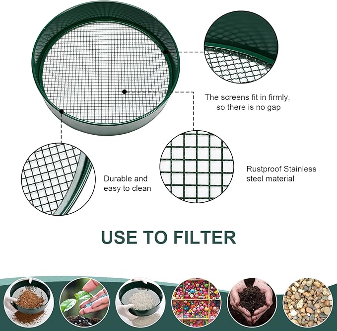 Soil Sieve Garden Riddle Sieve 12" Diameter, Fine Mesh Soil Sieve, Potting Sieve with 4 Interchangeable Filter Mesh Sizes 3,6,9,12mm and Shovel