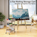 3 Tier Khaki Metal Utility Rolling Cart, Storage Cart with Handle and Lockable Wheels, Multifunctional Organizer Trolley with Mesh Storage Baskets for Kitchen, Office, Living Room, Laundry, Garage