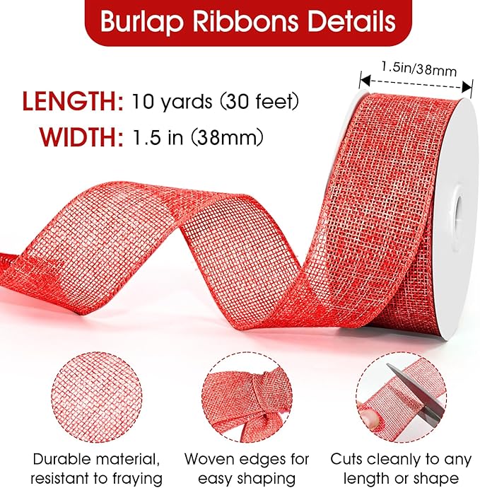 Wired Edge Decorative Ribbon DIY Craft Ribbon for Holiday Garlands Gift Wrapping and Home Decor (Red, 1.5 inches)