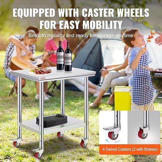 Mophorn Stainless Steel Work Table with Wheels 24 x 30 x 32 Inch Prep Table with 4 Casters Heavy Duty Work Table for Commercial Kitchen Restaurant Business, Silver and Black